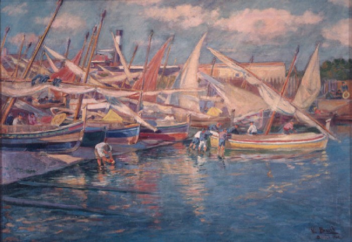 Joaquim Terruella Matilla (1891-1957). Barcas y pescadores arreglando redes en la playa