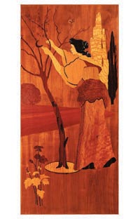DONA AMB UNA FALÇ ESCAPÇANT UN ARBRE FLORIT.