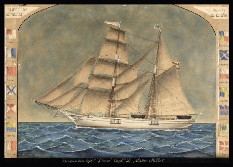 Bergantí Goleta "Procer". Capità D. Mateo Millet. Plà de matrícules mercants d'Espanya, Barcelona, abril 1887.