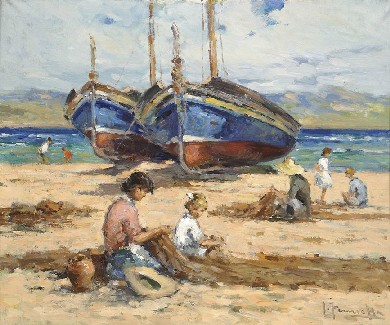 Joaquim Terruella Matilla (1891-1957). Barques i pescadors arreglant xarxes a la platja. 